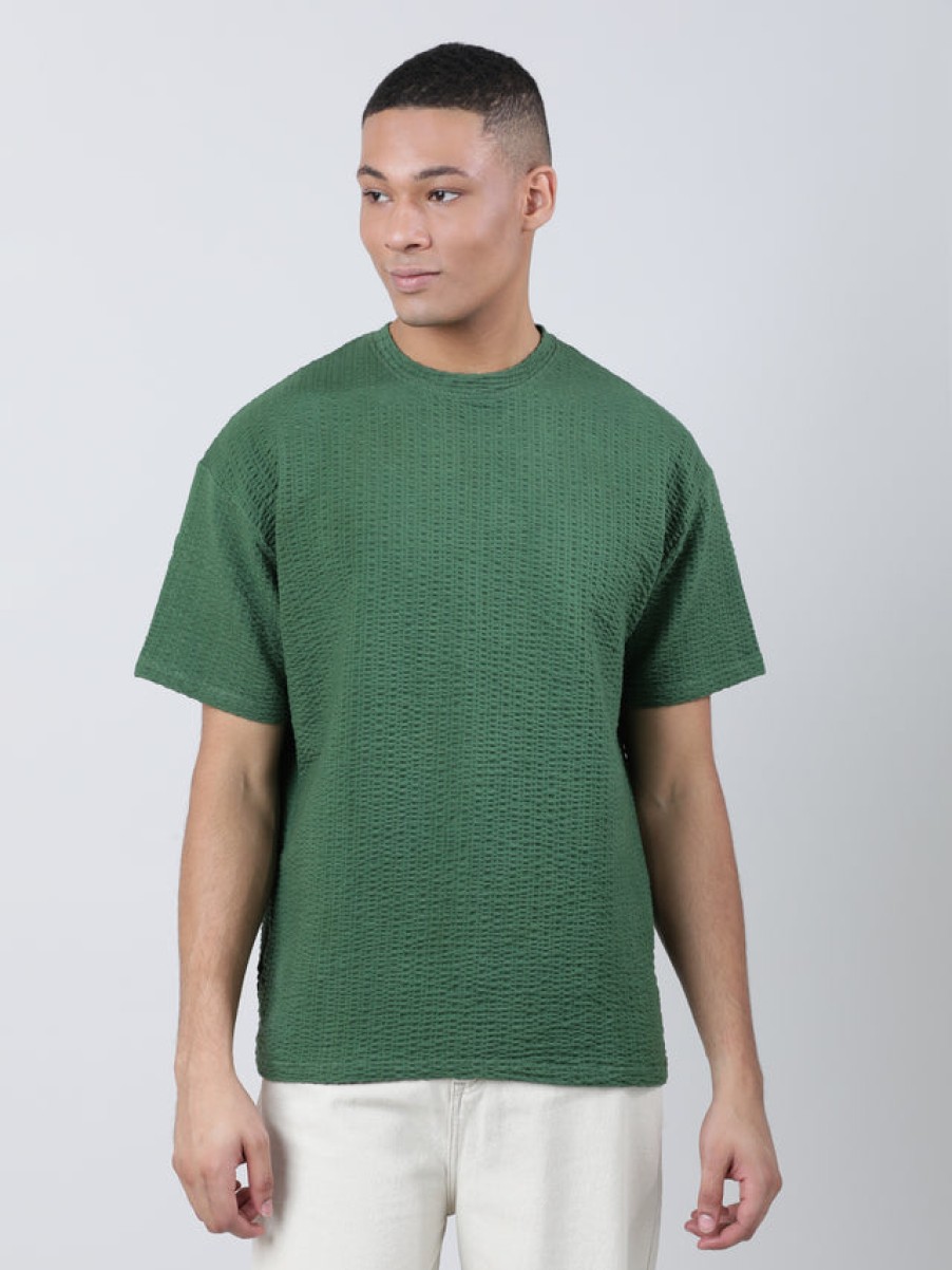 T-Shirts | Bene Kleed Men Bottle Green Oversized Knit Seersucker Solid T-Shirt