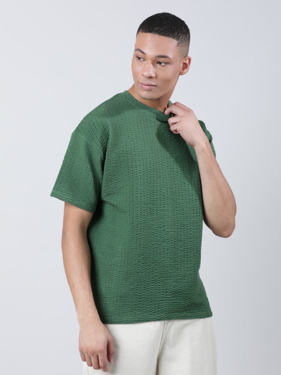 T-Shirts | Bene Kleed Men Bottle Green Oversized Knit Seersucker Solid T-Shirt