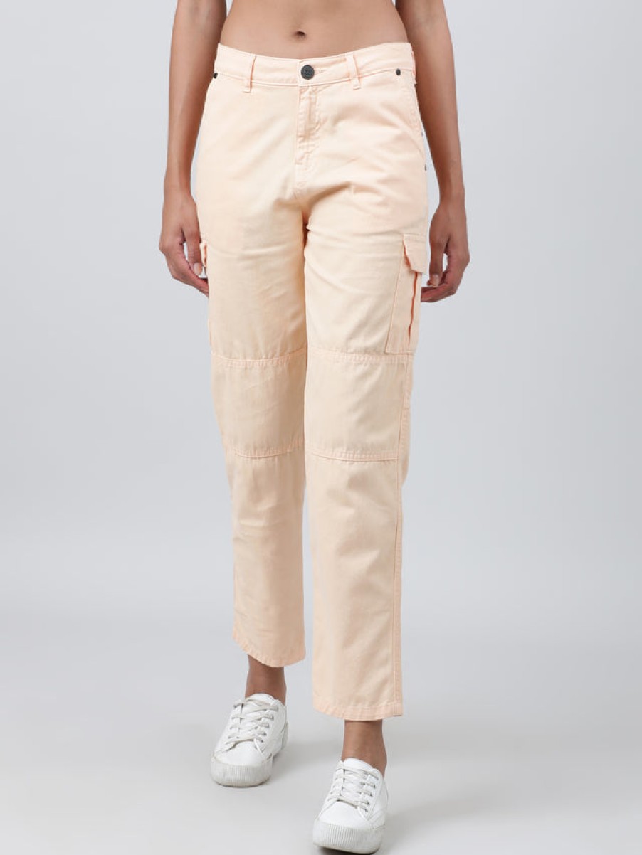 Cargos & Joggers | IVOC Women Peach Fuzz Slim Fit Mid Rise Overdyed Pure Cotton Cargo Trousers