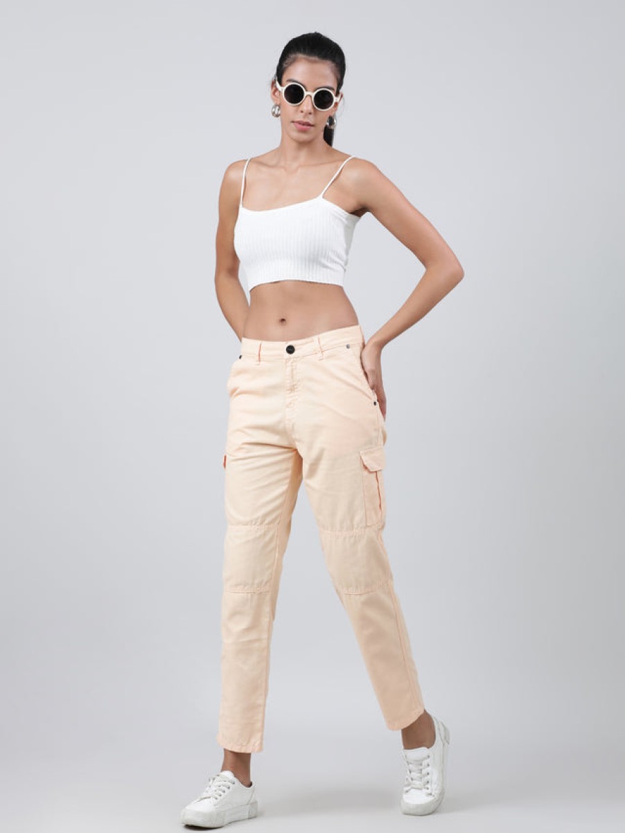 Cargos & Joggers | IVOC Women Peach Fuzz Slim Fit Mid Rise Overdyed Pure Cotton Cargo Trousers