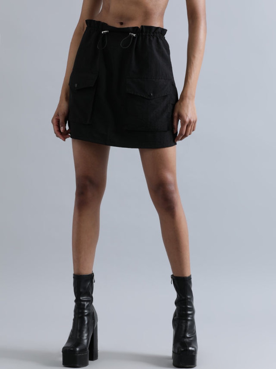 Skirts | Bene Kleed Women Black Parachute Fit Solid Mini Skirt With Elasticated Waistband