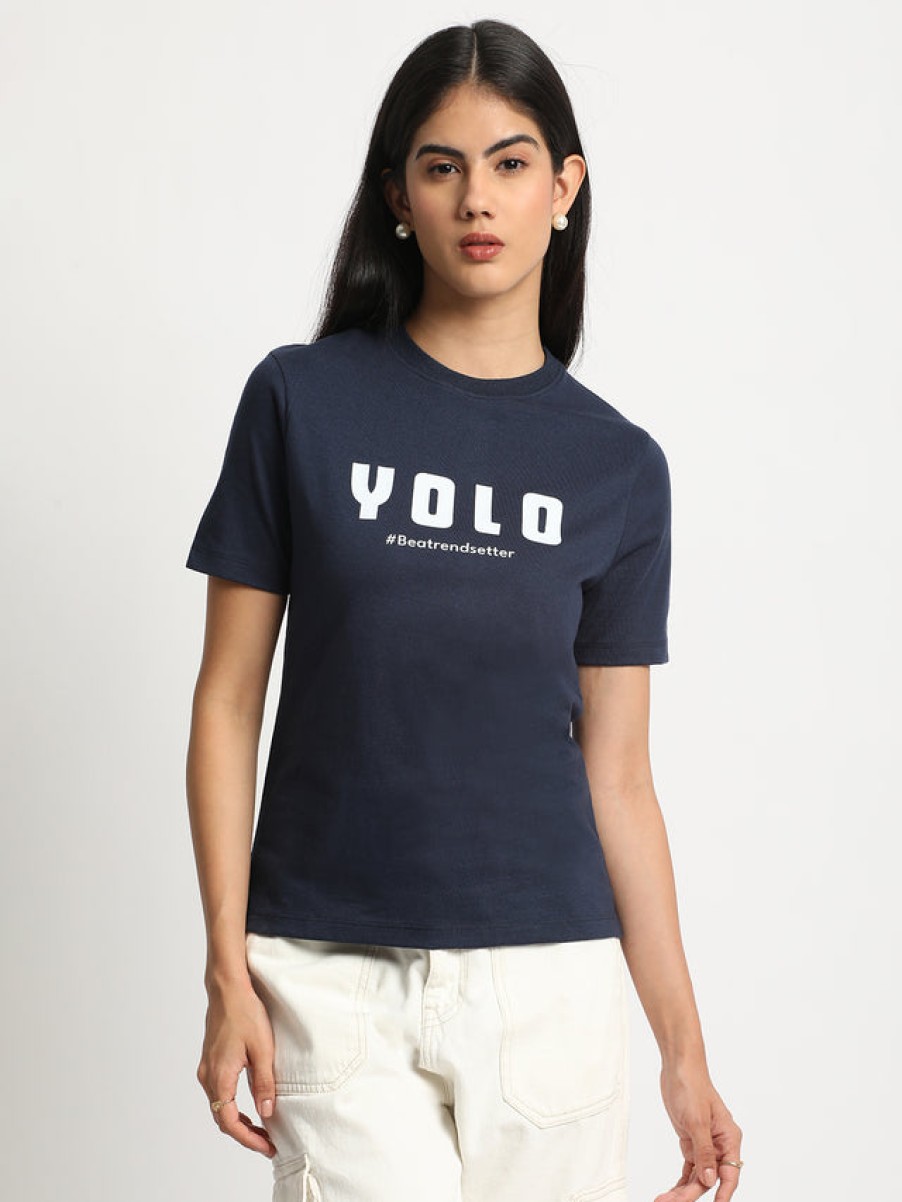 T-Shirt & Tops | Bene Kleed Women Navy Typography Print Slim Fit Sustainable Tshirt