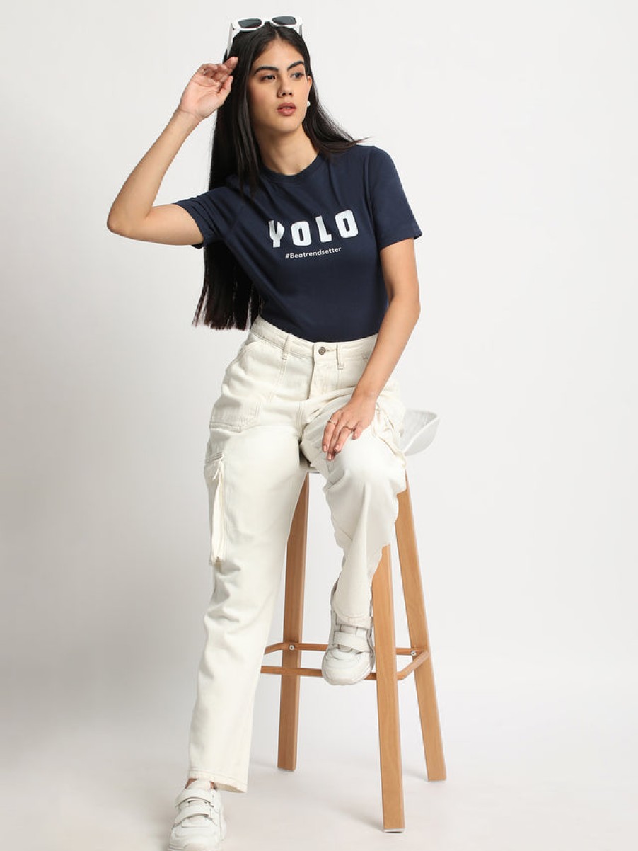 T-Shirt & Tops | Bene Kleed Women Navy Typography Print Slim Fit Sustainable Tshirt