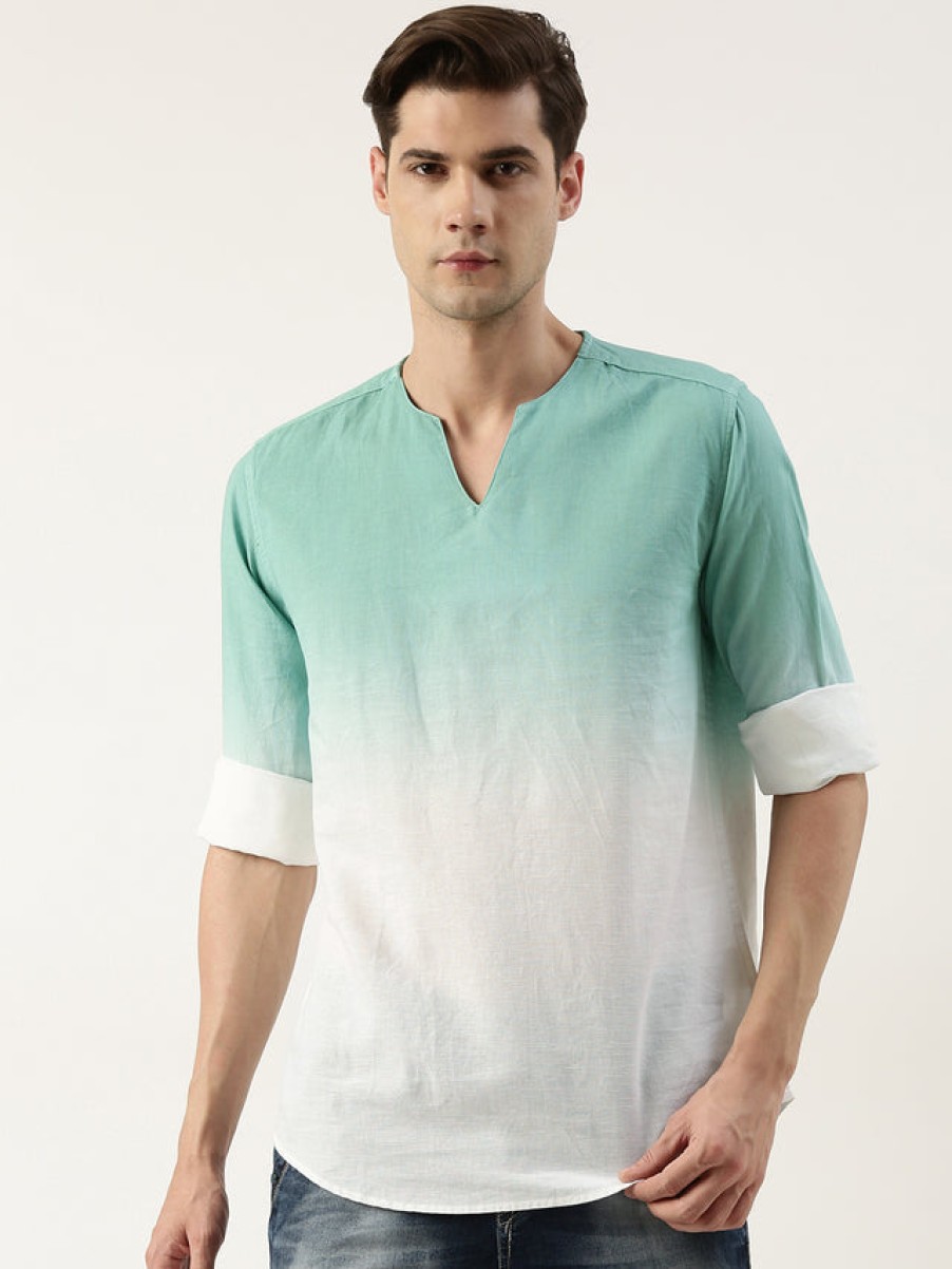 Kurtas | Bene Kleed Men White/Mint Green Slim Fit Ombre Kurta