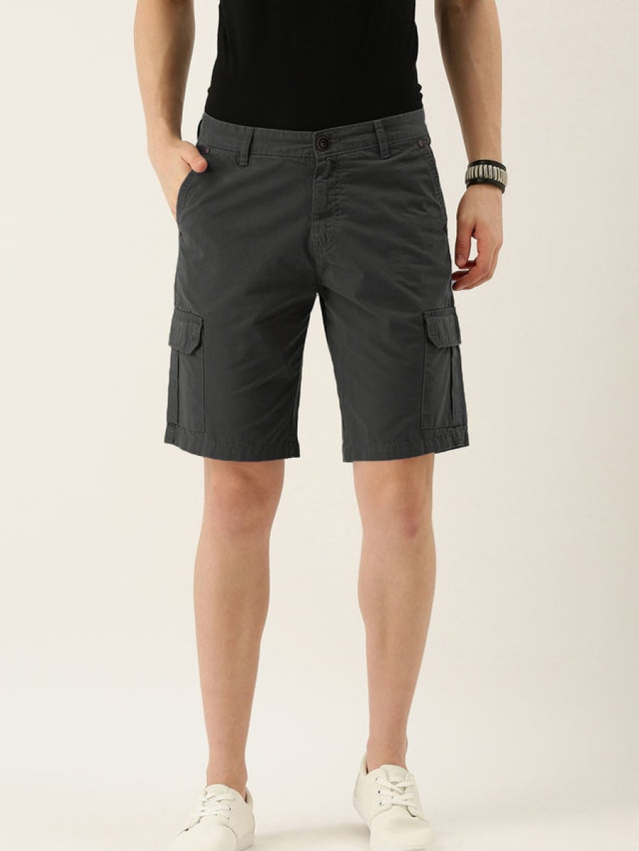 Shorts | IVOC Men Charcoal Grey Slim Fit Solid Cargo Shorts