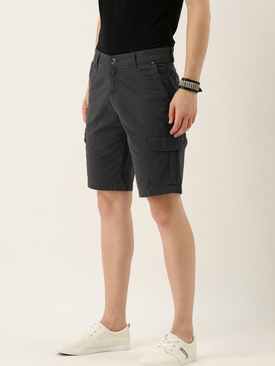 Shorts | IVOC Men Charcoal Grey Slim Fit Solid Cargo Shorts