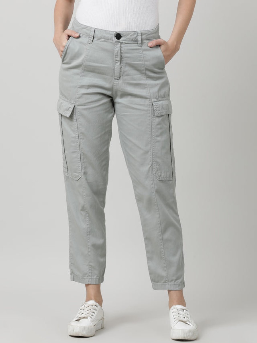 Cargos & Joggers | IVOC Women Neutral Grey Regular Fit Pure Cotton Paneled Solid Cargo Trouser