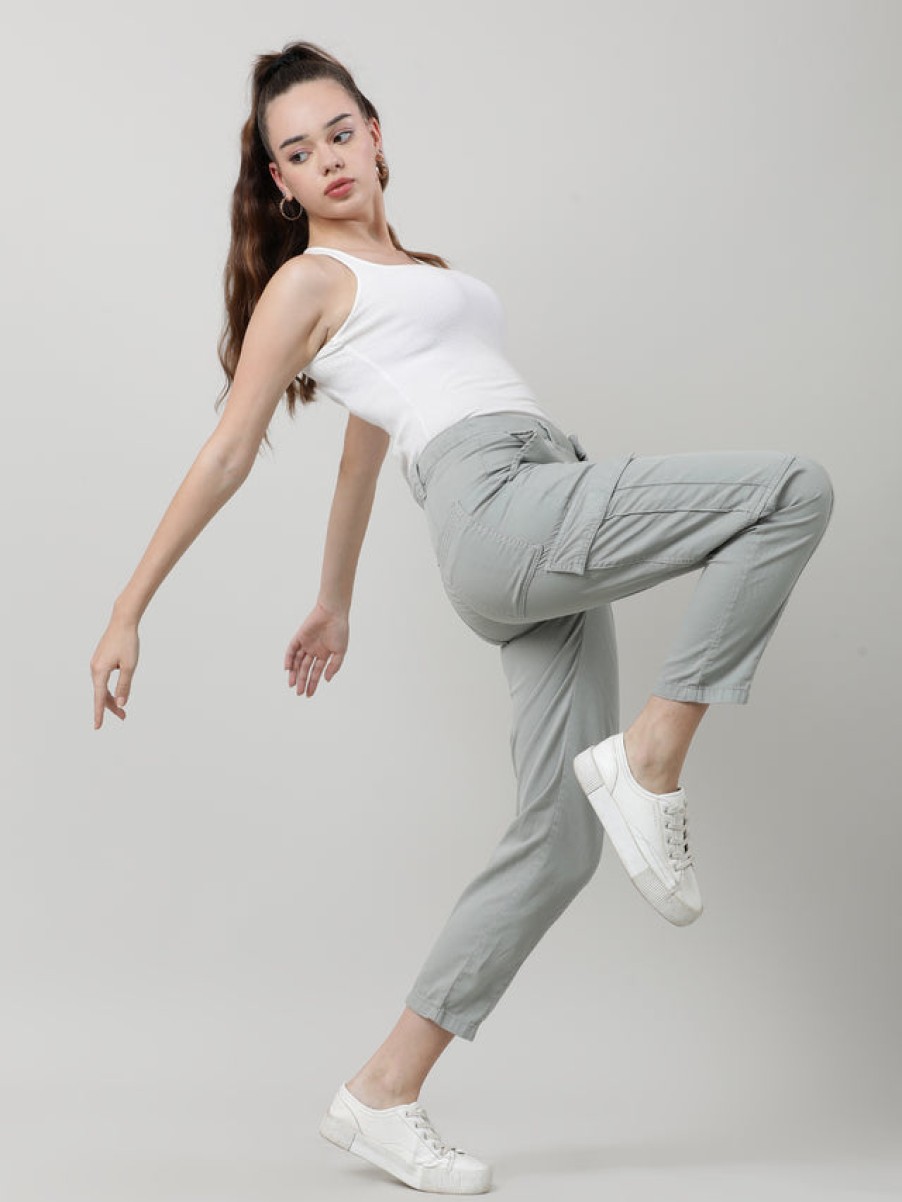 Cargos & Joggers | IVOC Women Neutral Grey Regular Fit Pure Cotton Paneled Solid Cargo Trouser