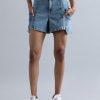 Shorts | Bene Kleed Women Mid Blue Regular Fit Denim Paneled Shorts With Big Cargo Pockets