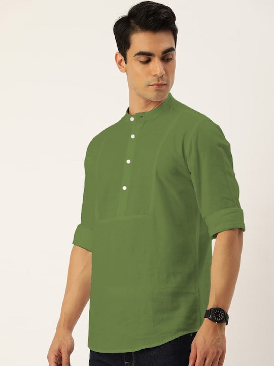 Kurtas | IVOC Men Light Olive Green Solid Slim Fit Kurta