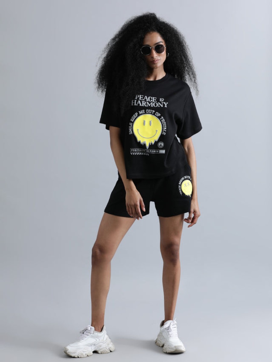 T-Shirt & Tops | Bene Kleed Women Black Graphic Print Short Sleeve Oversized T-Shirt