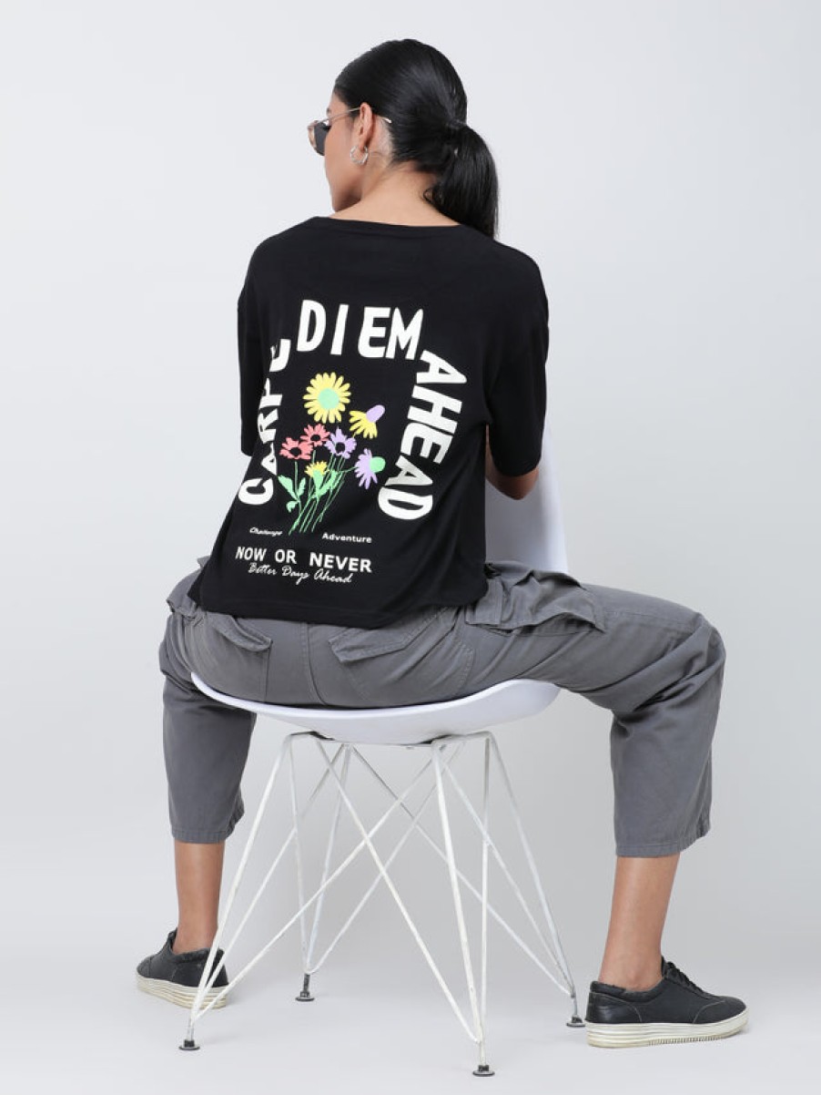 T-Shirt & Tops | Bene Kleed Women Black Graphic Printed Half Sleeve Oversized T-Shirt