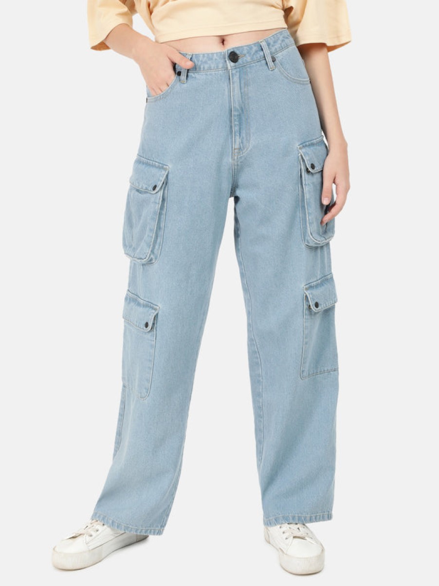 Jeans | Bene Kleed Women Light Blue Relaxed Fit Solid Cargo Jeans