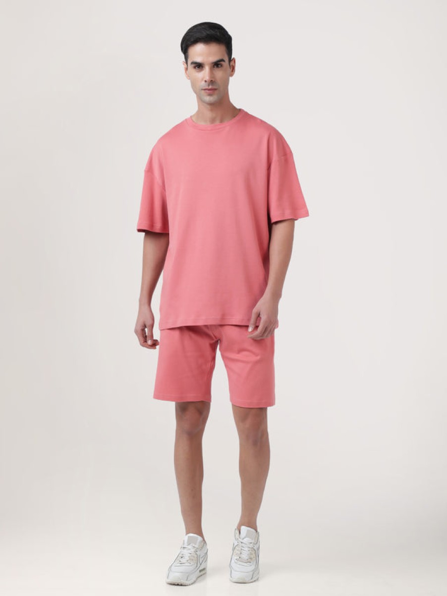 Co-Ords Sets | Bene Kleed Men Peach Beige Solid Pure Cotton T-Shirt With Shorts