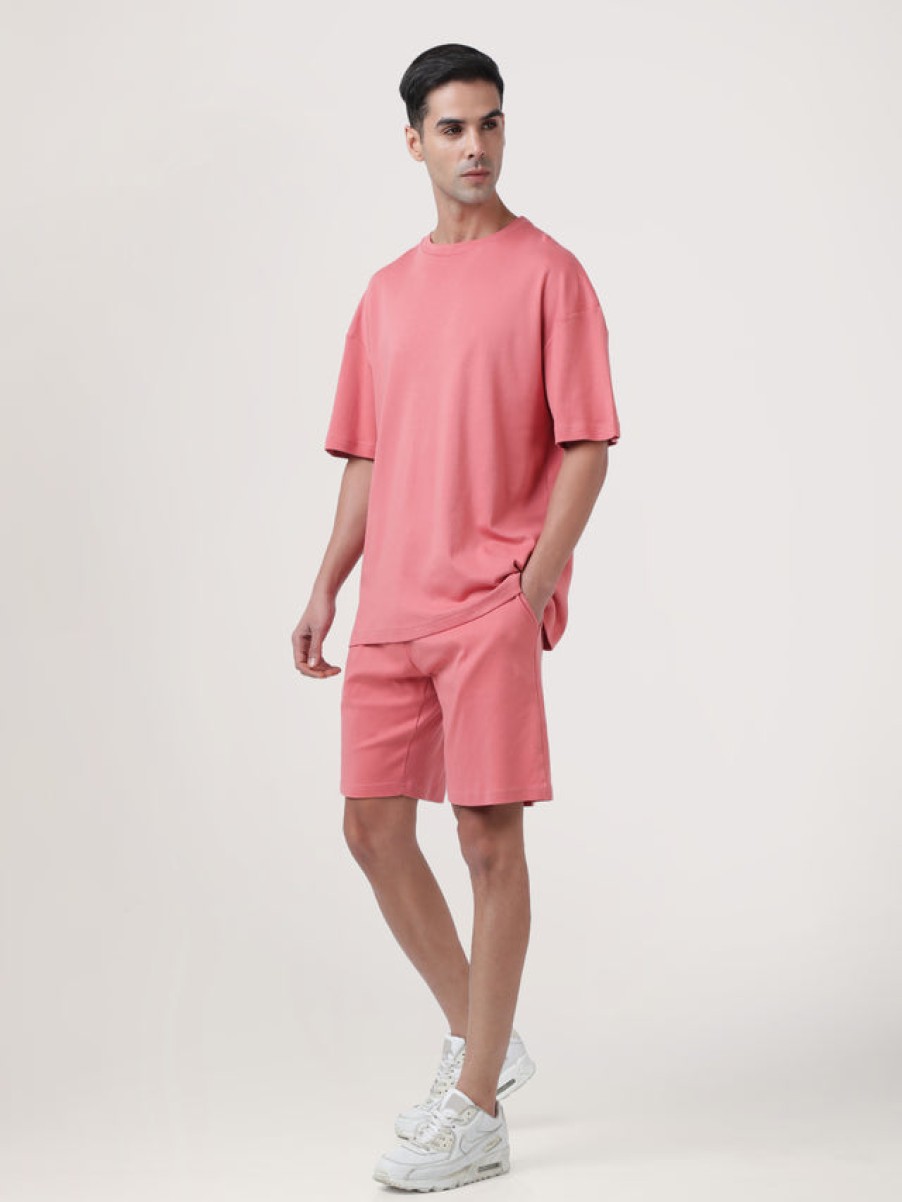 Co-Ords Sets | Bene Kleed Men Peach Beige Solid Pure Cotton T-Shirt With Shorts