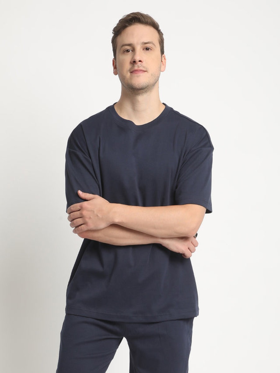 T-Shirts | Bene Kleed Men Navy Oversized Solid Interlock T-Shirt