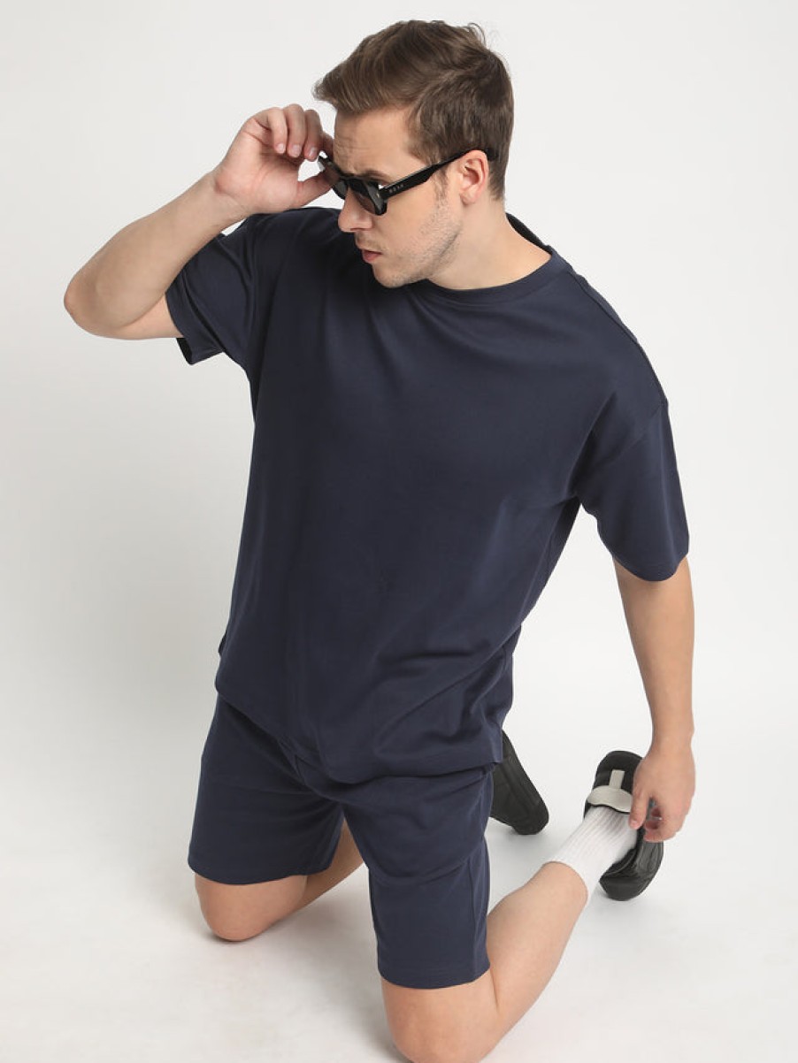 T-Shirts | Bene Kleed Men Navy Oversized Solid Interlock T-Shirt