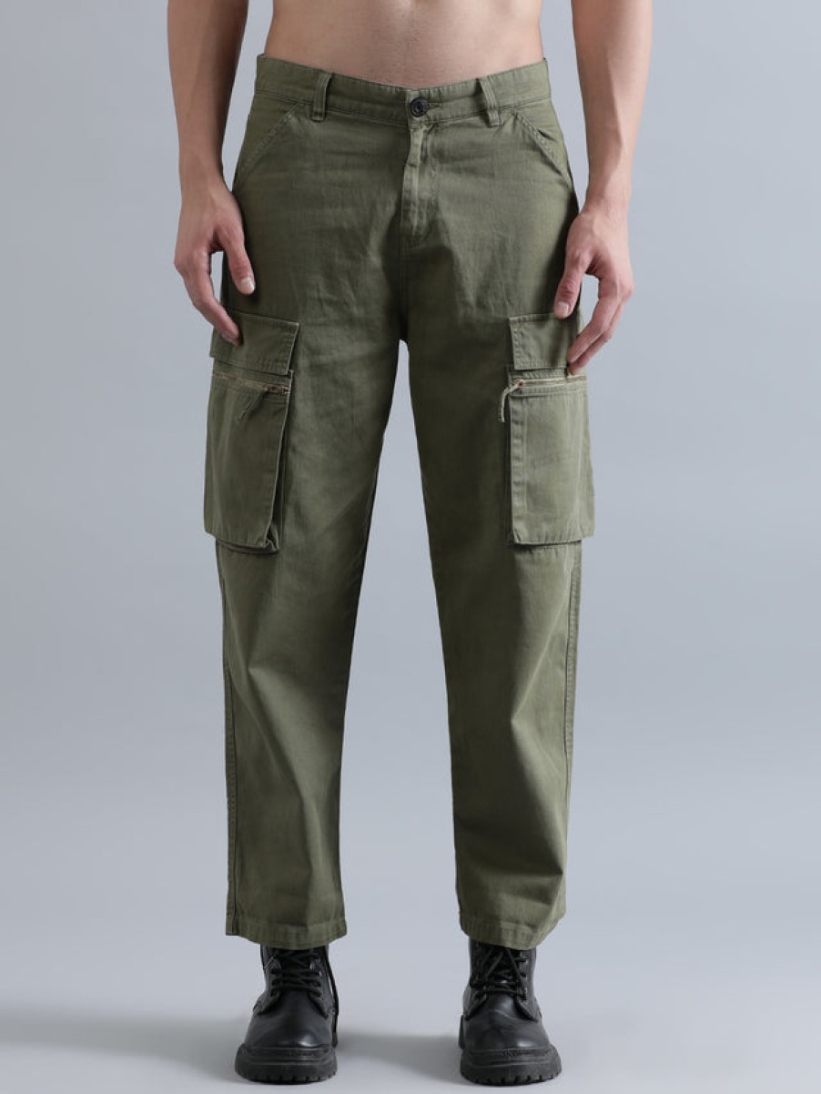 Cargos & Joggers | Bene Kleed Men Olive Cropped Loose Fit Cargo Trousers With Zipper Detail