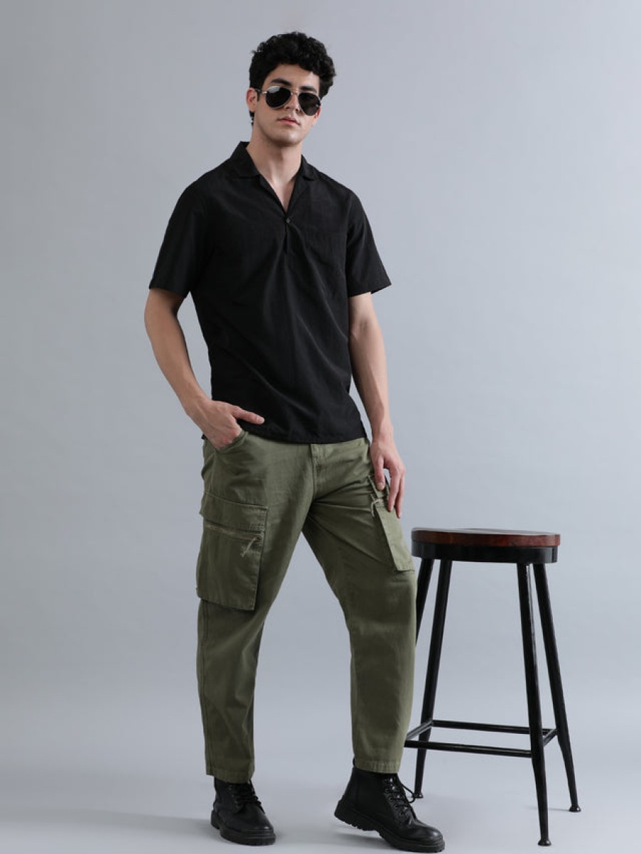 Cargos & Joggers | Bene Kleed Men Olive Cropped Loose Fit Cargo Trousers With Zipper Detail