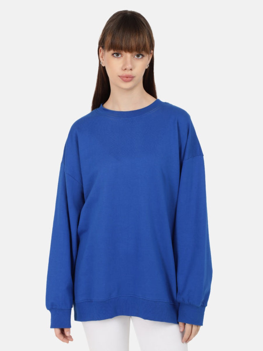 Sweatshirts | Bene Kleed Women Royal Blue Solid Medium Length Oversized Sweatshirt