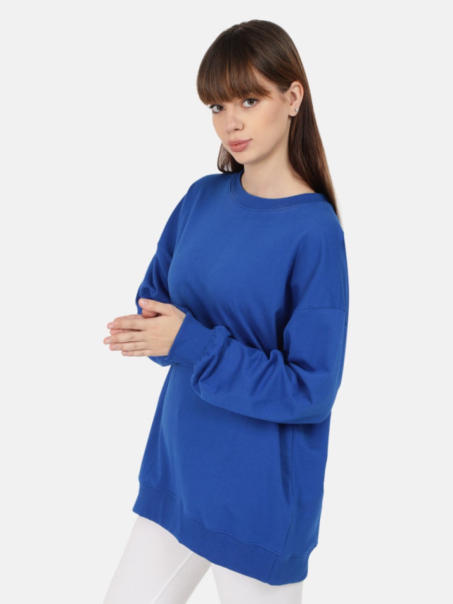 Sweatshirts | Bene Kleed Women Royal Blue Solid Medium Length Oversized Sweatshirt