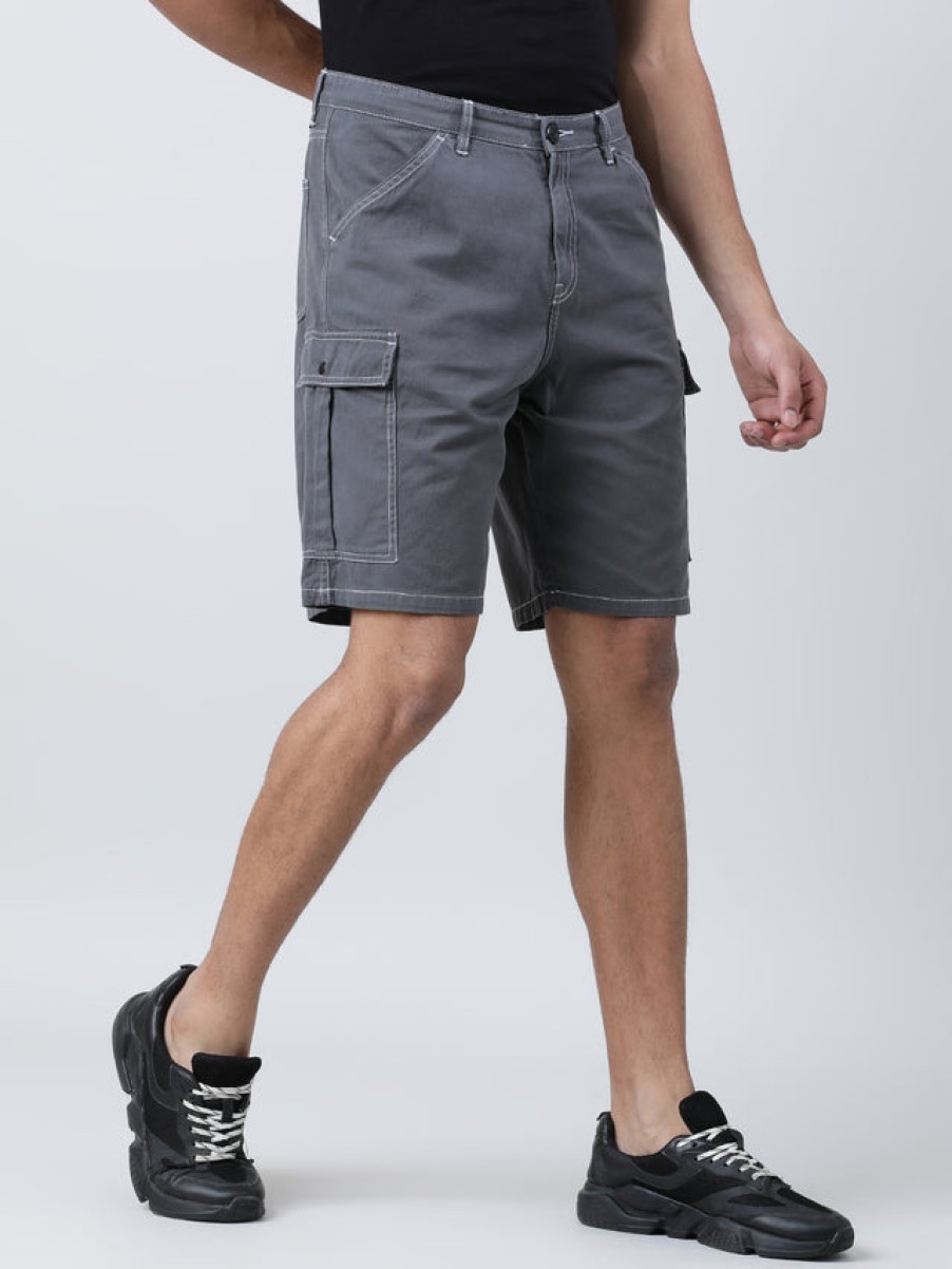 Shorts | Bene Kleed Men Iron Grey Relaxed Fit Pure Cotton Solid Cargo Shorts With Contrast