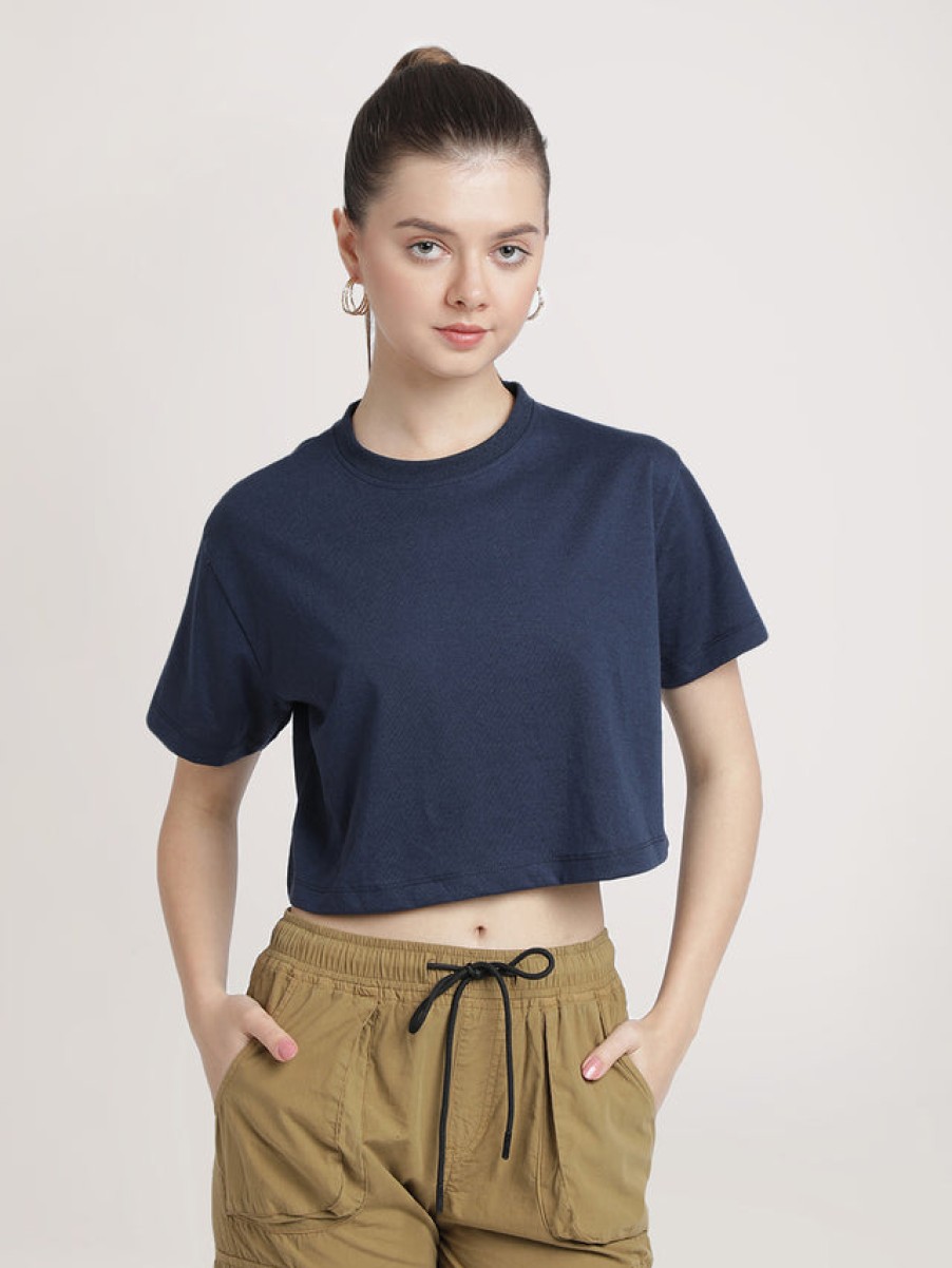 T-Shirt & Tops | Bene Kleed Women Navy Cropped Solid Sustainable Tee