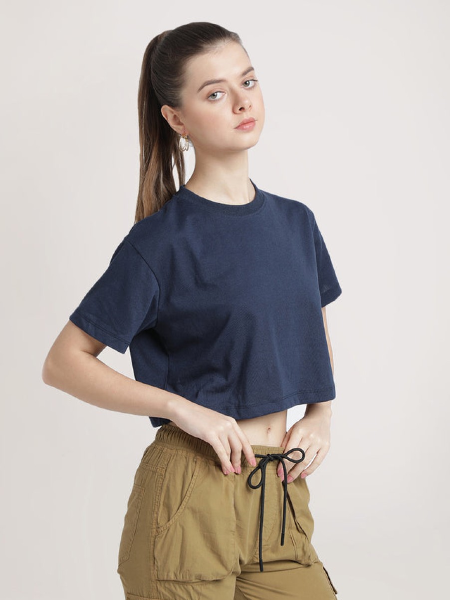 T-Shirt & Tops | Bene Kleed Women Navy Cropped Solid Sustainable Tee