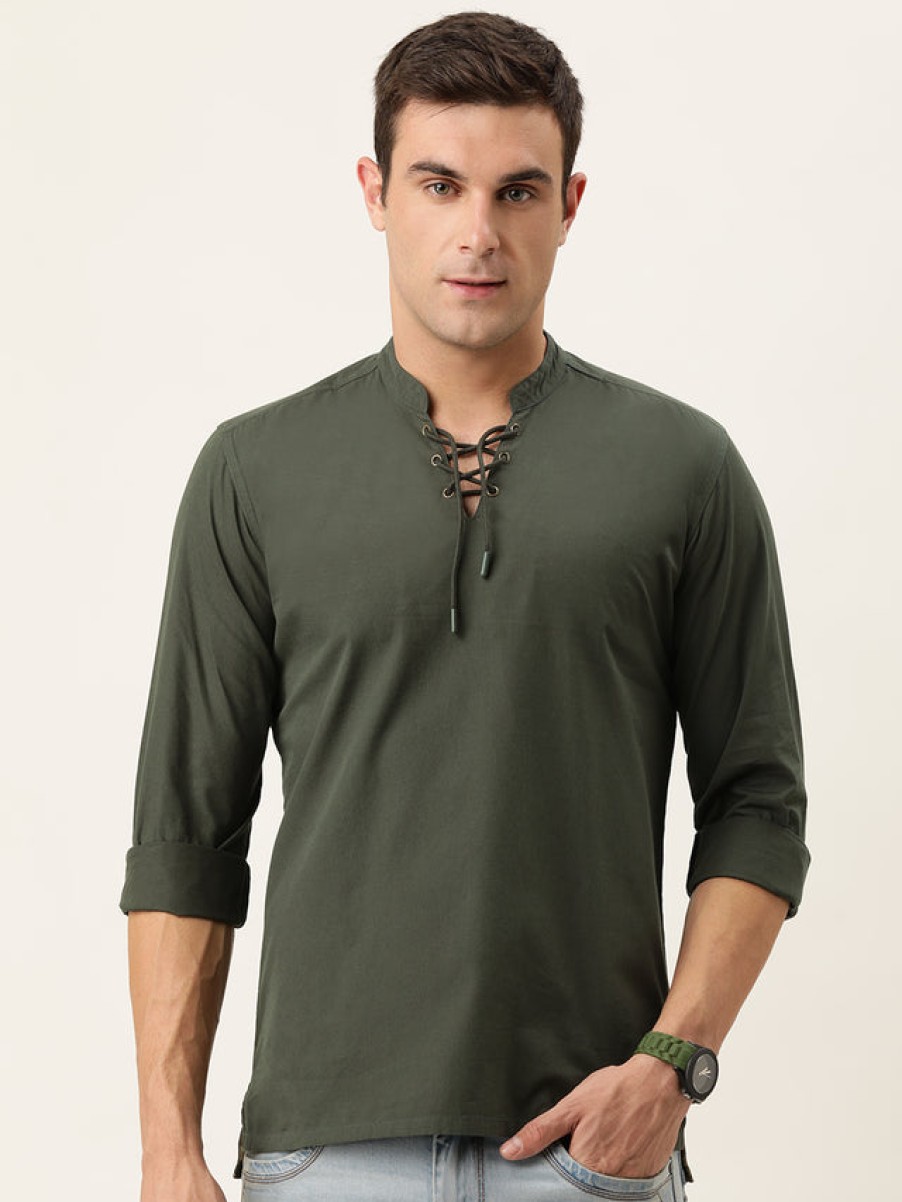 Kurtas | Bene Kleed Men Olive Slim Fit Solid Kurta