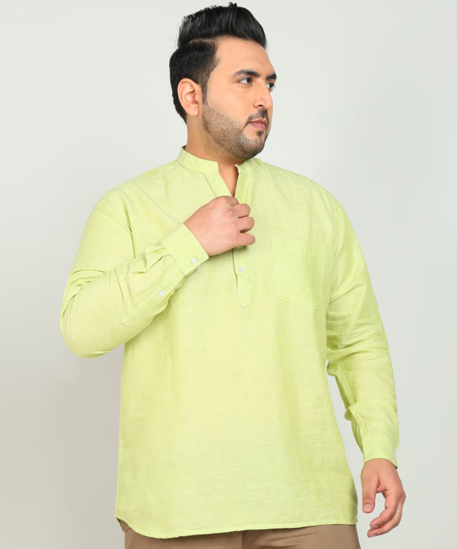 Kurtas | IVOC Plus Men Mint Cotton Linen Mandarin Collar Casual Kurta