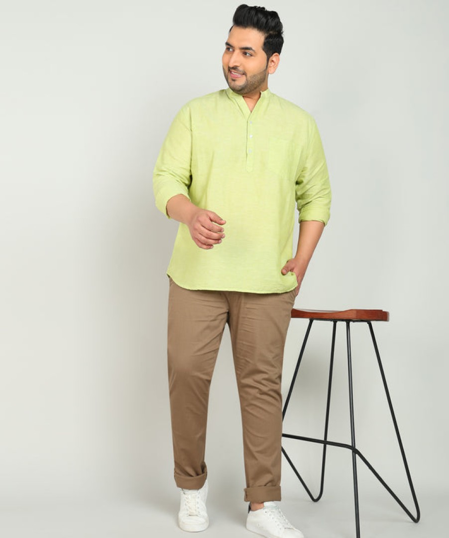 Kurtas | IVOC Plus Men Mint Cotton Linen Mandarin Collar Casual Kurta