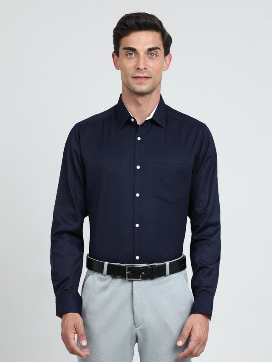 Formal Shirts | IVOC Men Navy Regular Fit Textured Poly Cotton Formal Shirt