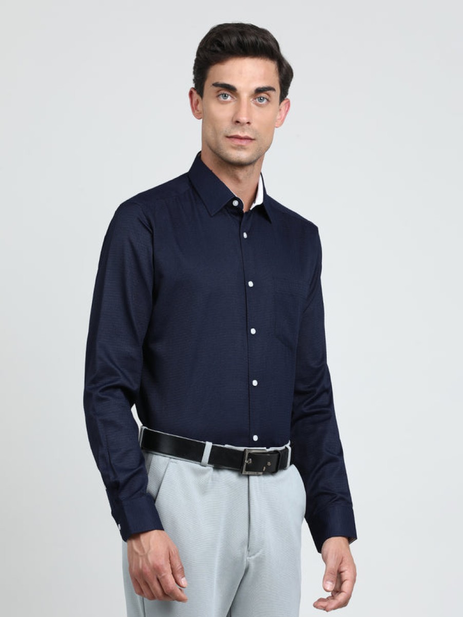 Formal Shirts | IVOC Men Navy Regular Fit Textured Poly Cotton Formal Shirt