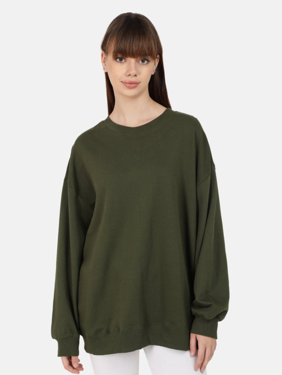 Sweatshirts | Bene Kleed Women Olive Solid Medium Length Oversized Sweatshirt