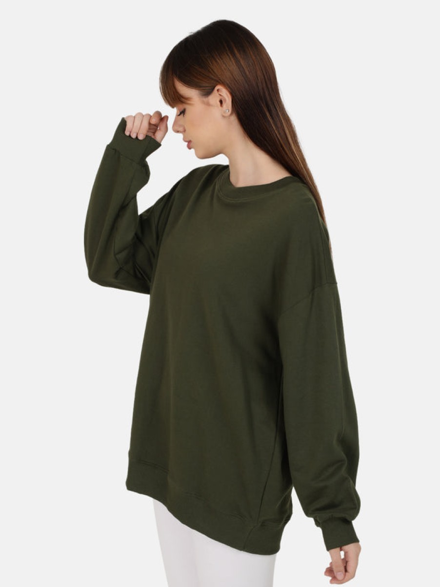 Sweatshirts | Bene Kleed Women Olive Solid Medium Length Oversized Sweatshirt