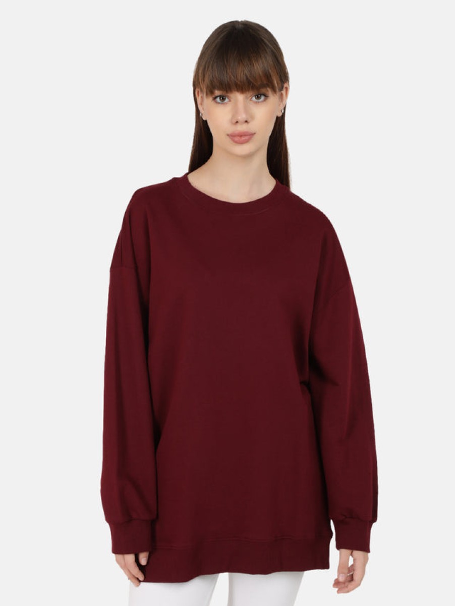 Sweatshirts | Bene Kleed Women Maroon Solid Long Length Oversized Sweatshirt