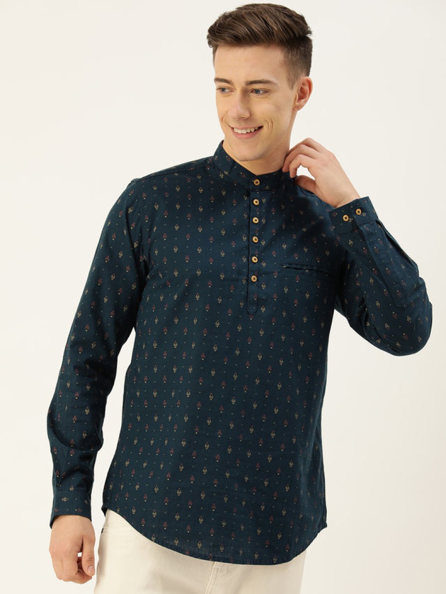 Kurtas | IVOC Men Navy Blue Floral Slim Fit Kurta