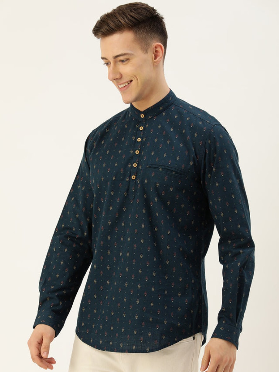 Kurtas | IVOC Men Navy Blue Floral Slim Fit Kurta