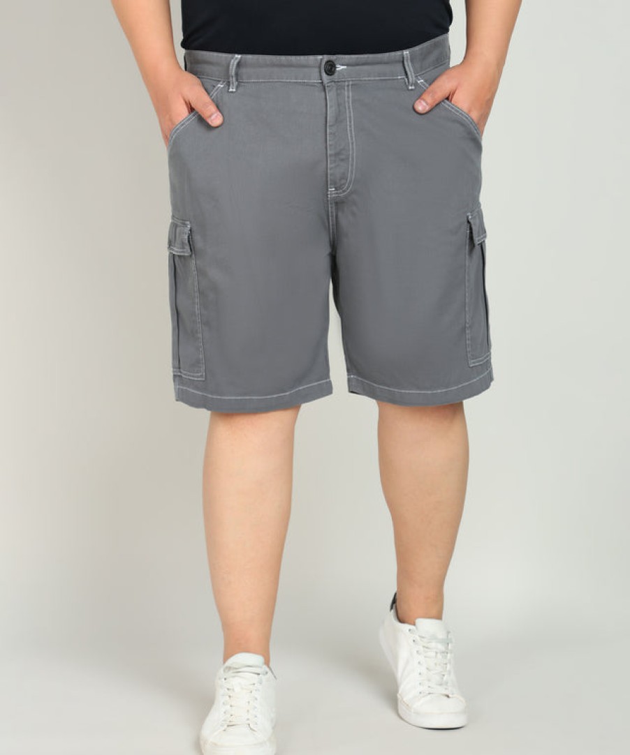 Shorts | Bene Kleed Plus Men Iron Grey Regular Fit Pure Cotton Cargo Shorts With Contrast Stitc