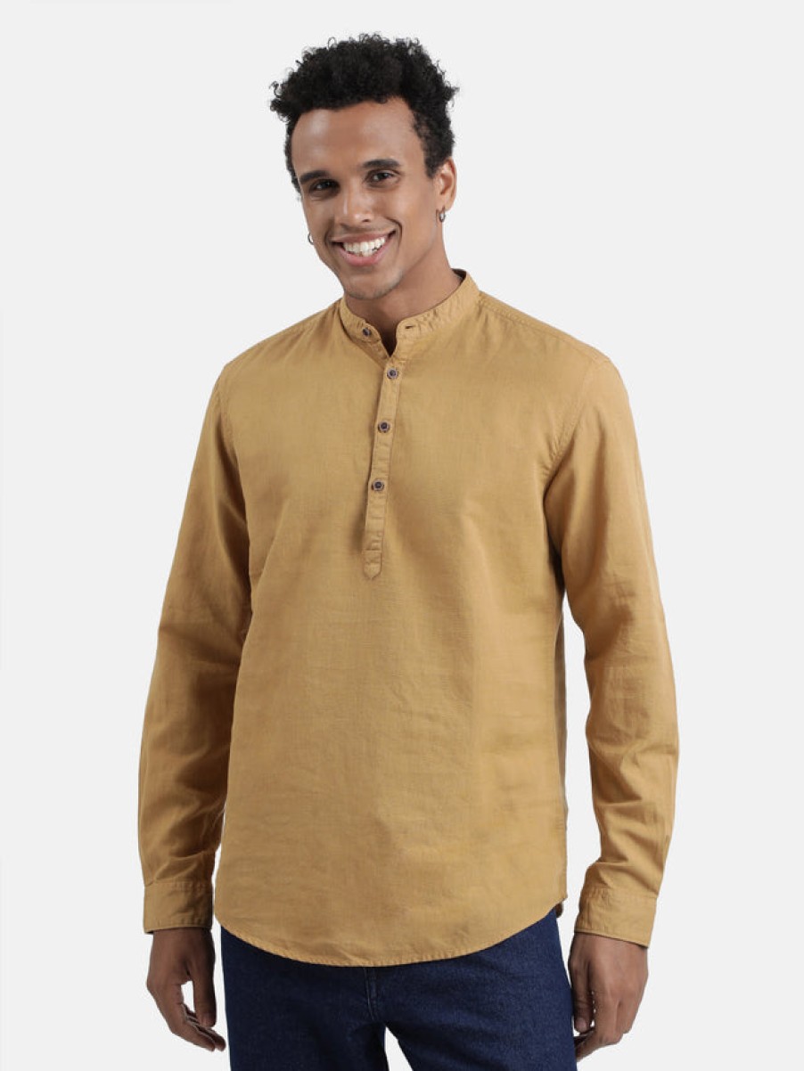 Kurtas | IVOC Men Khakhi Cotton-Linen Mandarin Collar Slim Fit Kurta