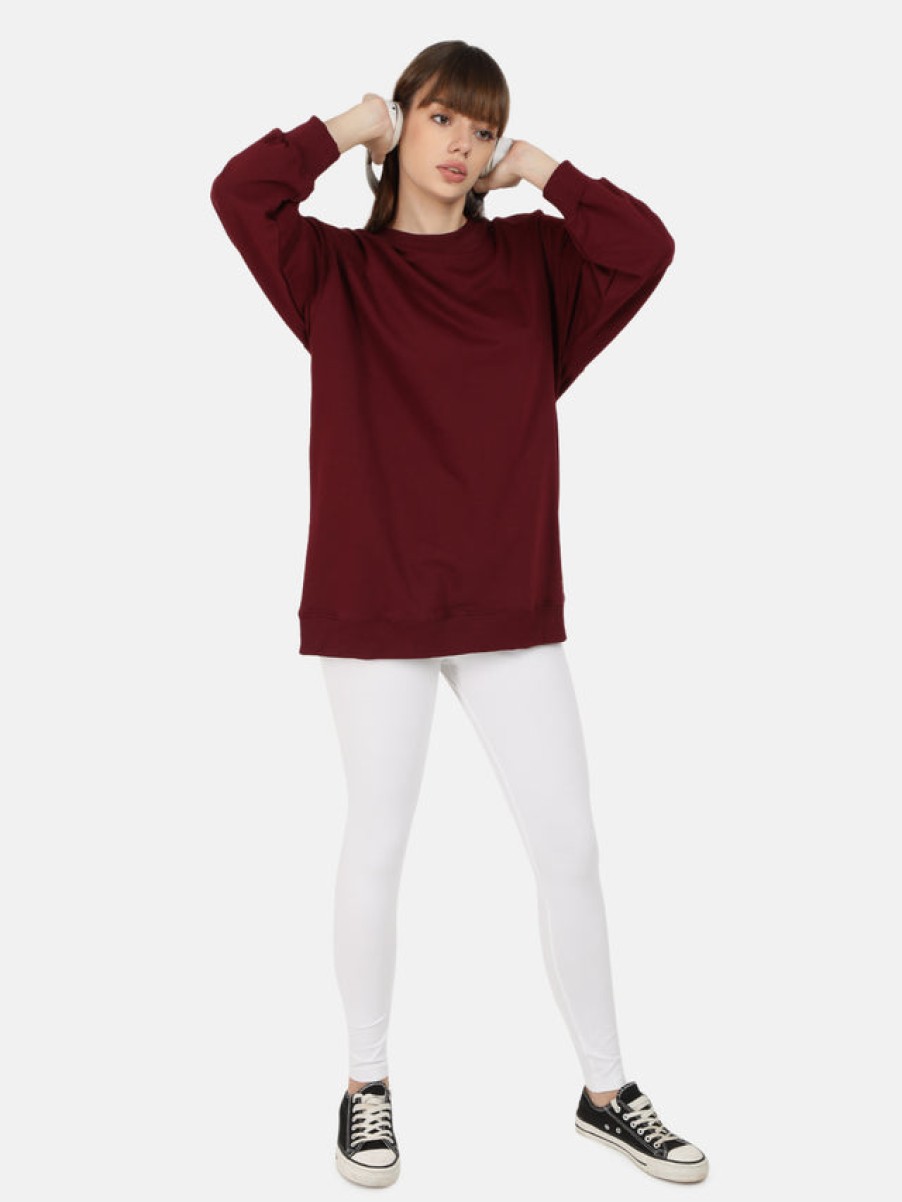 Co-Ords Sets | Bene Kleed Women Maroon/White Longline Oversized Sweatshirt With Leggings Co-Ord