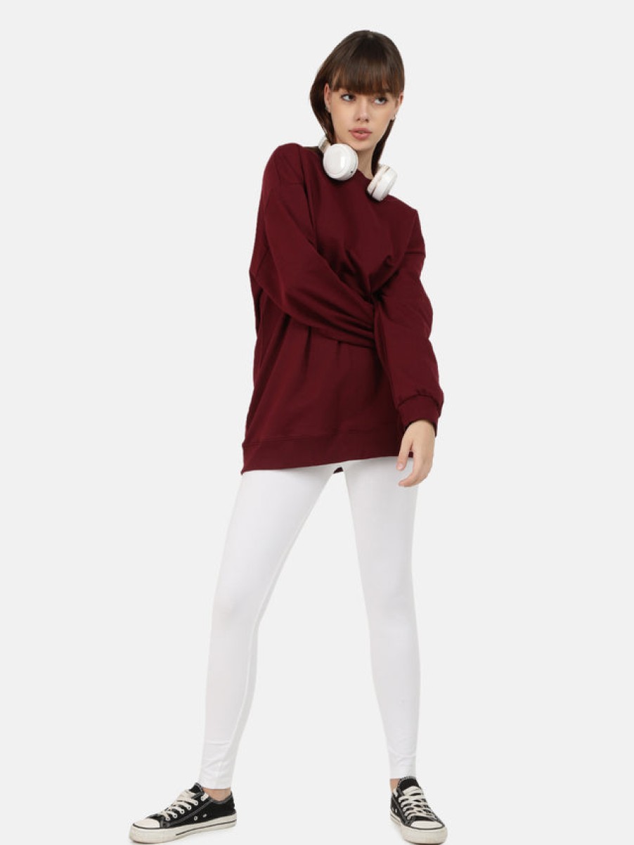 Co-Ords Sets | Bene Kleed Women Maroon/White Longline Oversized Sweatshirt With Leggings Co-Ord