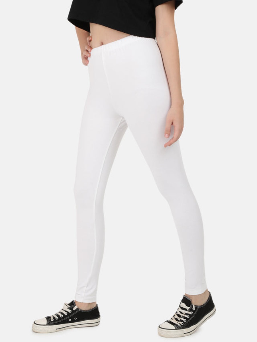 Leggings | Bene Kleed Women White Cotton Solid Leggings