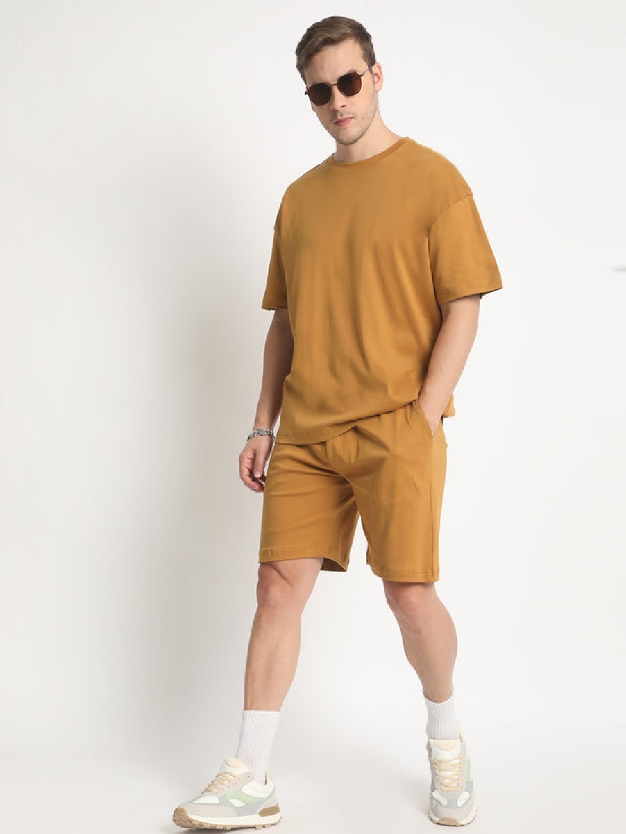 Co-Ords Sets | Bene Kleed Men Light Brown Solid Pure Cotton T-Shirt With Shorts Co-Ords