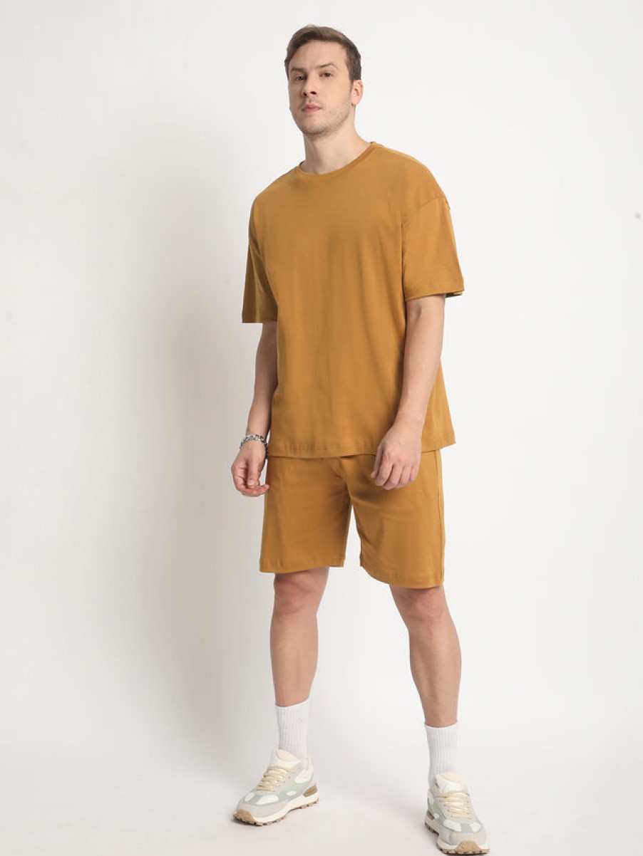 Co-Ords Sets | Bene Kleed Men Light Brown Solid Pure Cotton T-Shirt With Shorts Co-Ords