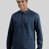 Kurtas | IVOC Men Navy Blue Cotton-Linen Mandarin Collar Casual Kurta