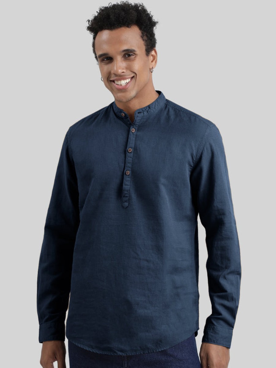 Kurtas | IVOC Men Navy Blue Cotton-Linen Mandarin Collar Casual Kurta