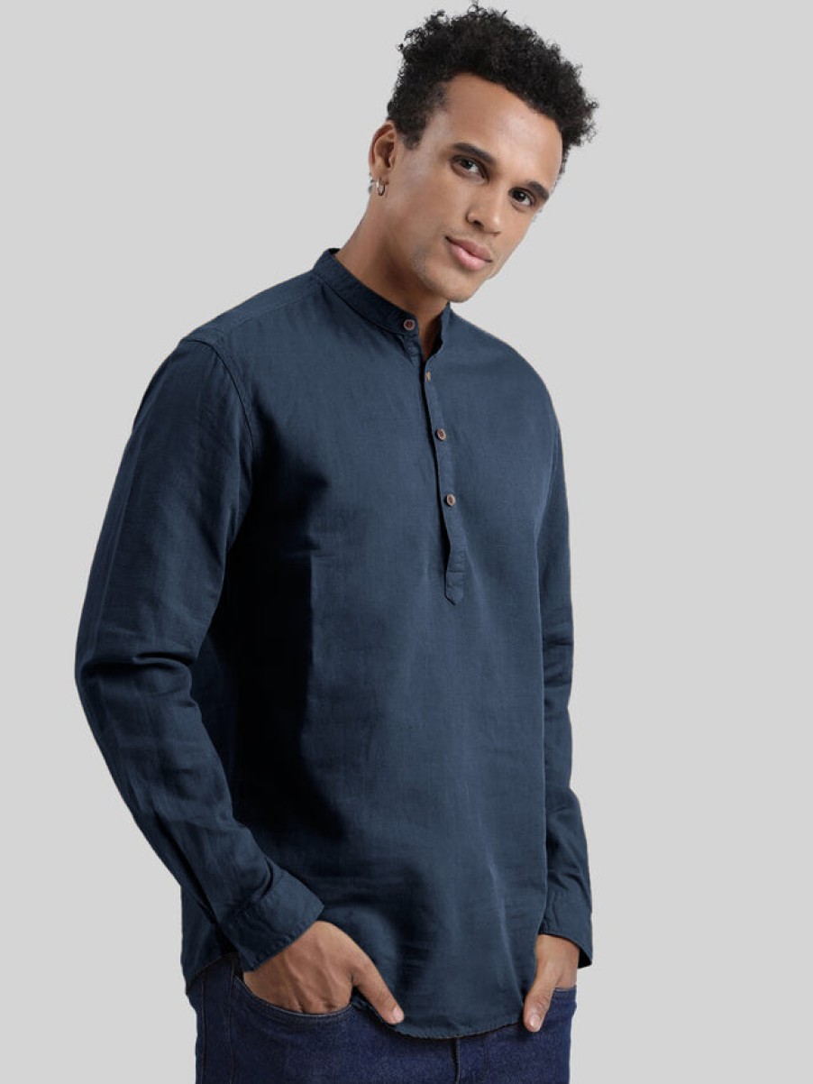 Kurtas | IVOC Men Navy Blue Cotton-Linen Mandarin Collar Casual Kurta