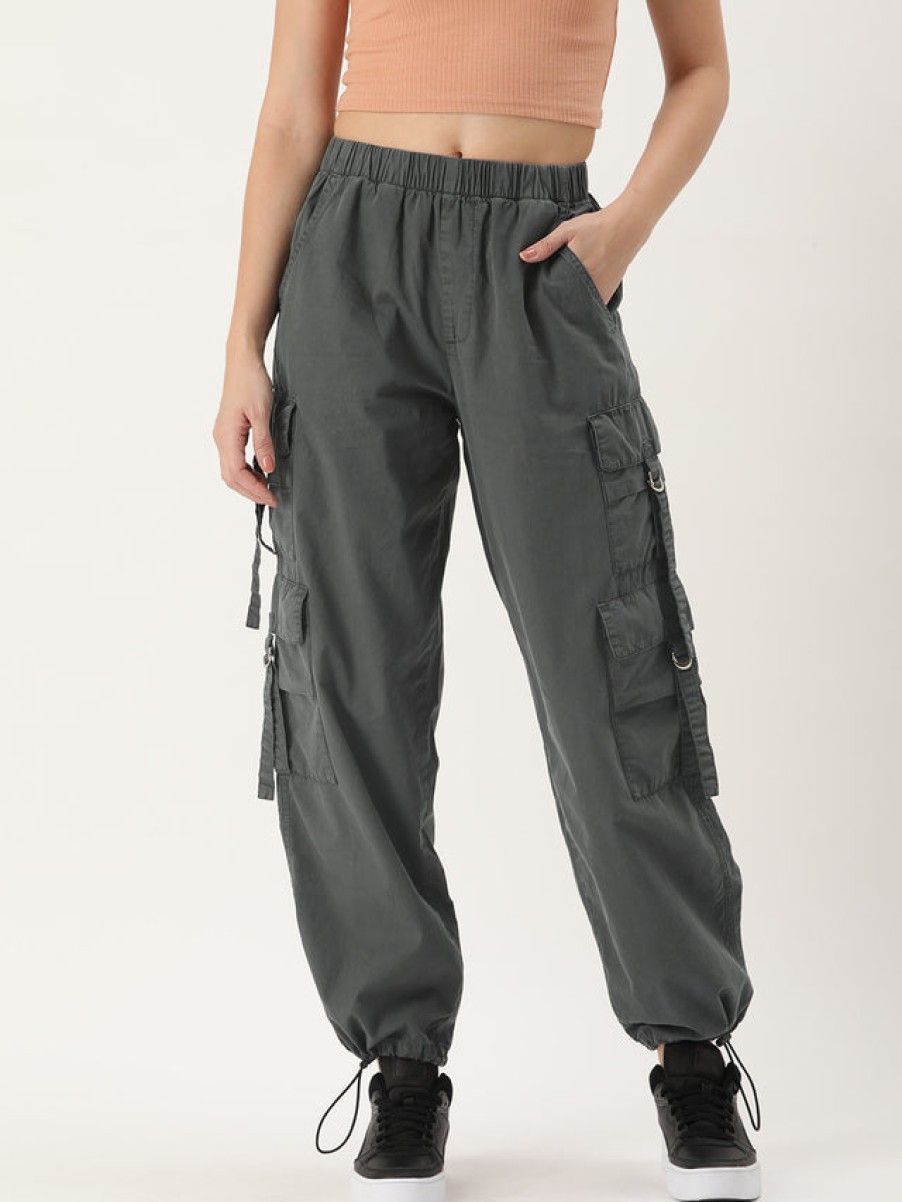 Cargos & Joggers | Bene Kleed Women Dark Grey Solid Parachute Fit Cargo Trousers