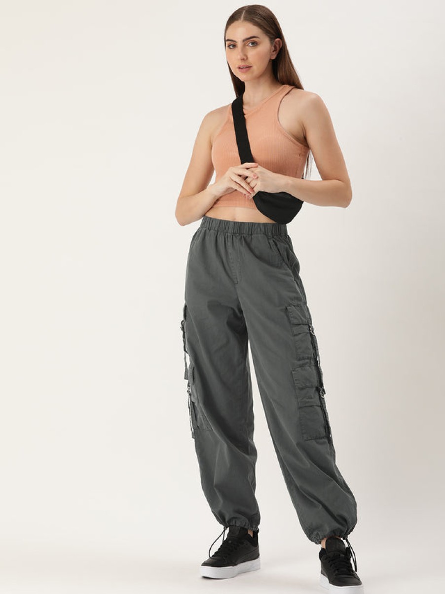 Cargos & Joggers | Bene Kleed Women Dark Grey Solid Parachute Fit Cargo Trousers